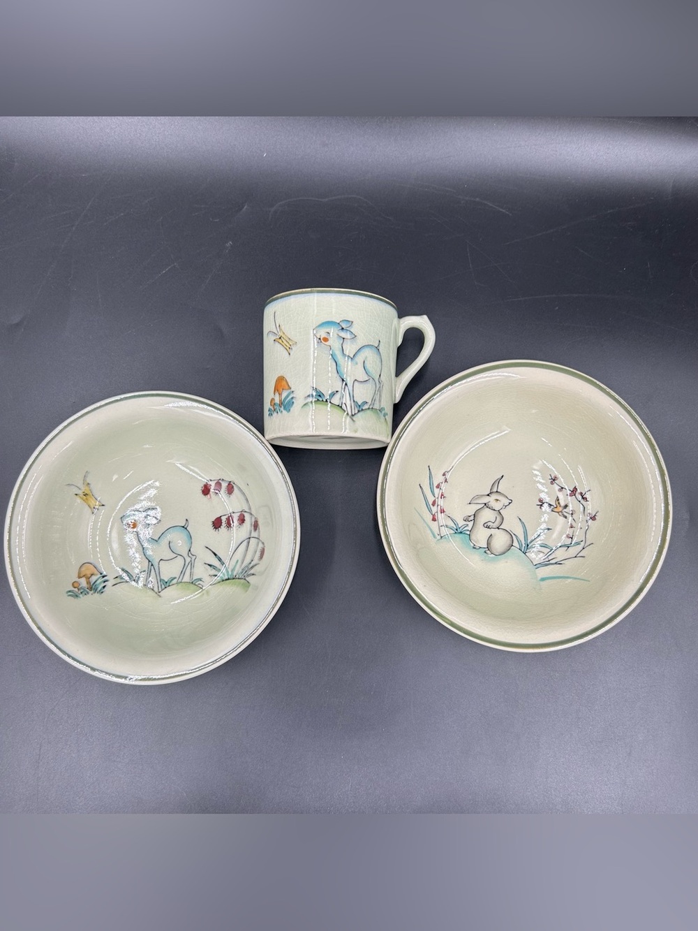 Rabbit Deer Stoneware Set 2 Bowls Mug Green Crackle Glaze Woodland Animals NICE